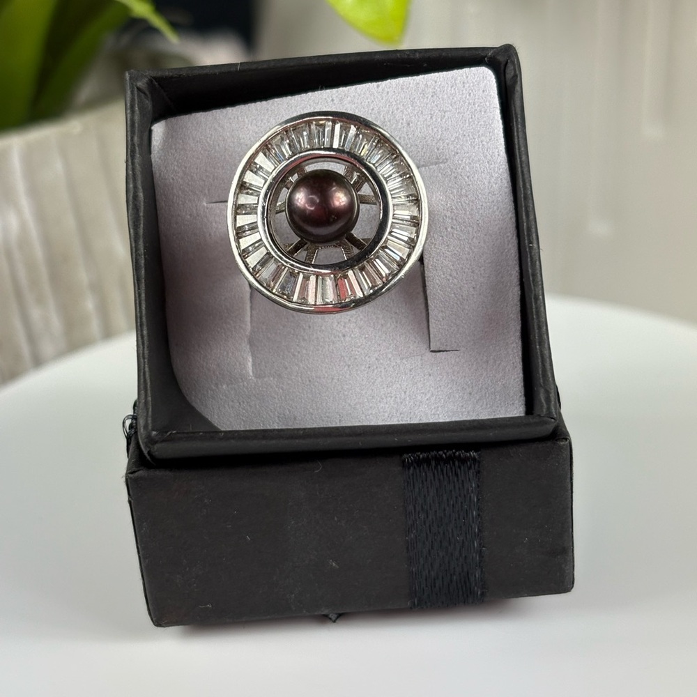 Vantel Pearls Sterling Silver "Showstopper" Halo Ring - 6.5mm Black Pearl Accent